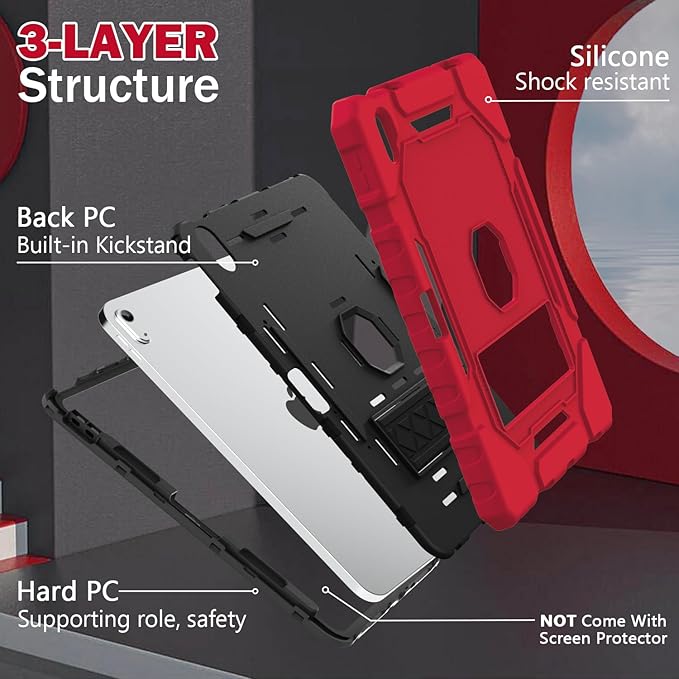 ZoneFoker Case for iPad (A16) 11th/10th Generation 11/10.9 inch 2025/2022, Heavy Duty Military Grade Shockproof Rugged Cover with Pencil Holder/Stand for i Pad 11th / 10 th Gen (Red+Black)