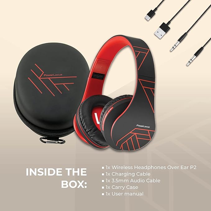 PowerLocus Bluetooth Over-Ear Headphones, Wireless Stereo Foldable Headphones Wireless and Wired Headsets with Built-in Mic, Micro SD/TF, FM for iPhone/Samsung/iPad/PC (Black/Red)