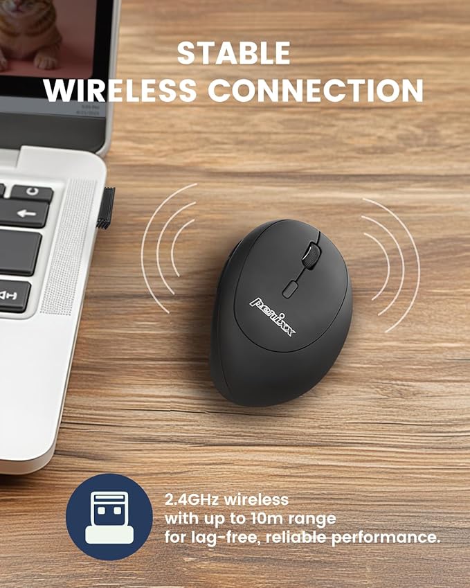 Perixx PERIMICE-719R Wireless 2.4G Rechargeable Ergonomic Mouse - Duo Wired and Cordless Charging Feature - Black