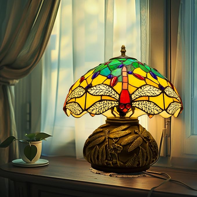 Tiffany Lamp,12 inch Stained Glass Lamp,Dragonfly Tiffany Style Table Lamp Included E26 LED with Remote Control for Bedside,Living Room,Dining Table,Antique Office(Blue Leaf)