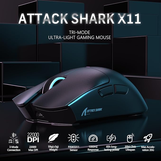 MAGIC-REFINER Attack Shark X11 59g Superlight Wireless Gaming Mouse with Magnetic RGB Charging Dock，BT/2.4G Wireless/Wired Mouse, 22000 DPI，5 Programmable Buttons for PC/Laptop/Mac（Black）