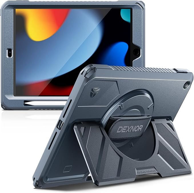 Dexnor Case for iPad 9th/8th/7th Generation 10.2 inch, Rugged Protective Case with 360° Rotating Hand Strap & Large Stand & Screen Protector & Pencil Holder Shockproof Full-Body Bumper Cover, Blue