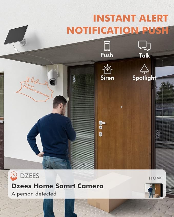 Dzees Security Cameras Wireless Outdoor, 2K Pan/Tilt 360° View Solar/Battery Powered WiFi Cameras for Home Security with AI Motion Detection,Color Night Vision, 2-Way Audio, IP66, SD/Cloud Storage