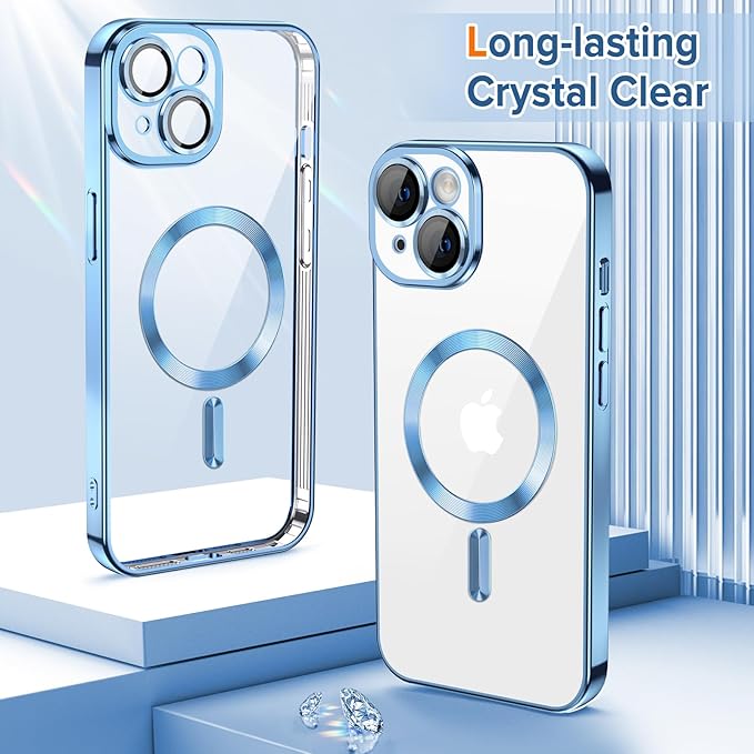 Hython Magnetic Clear for iPhone 14 Plus Case with Camera Lens Protector [Compatible with MagSafe] Luxury Plating Edge Slim Soft TPU Cover Protective Phone Case for iPhone 14 Plus 6.7", Light Blue