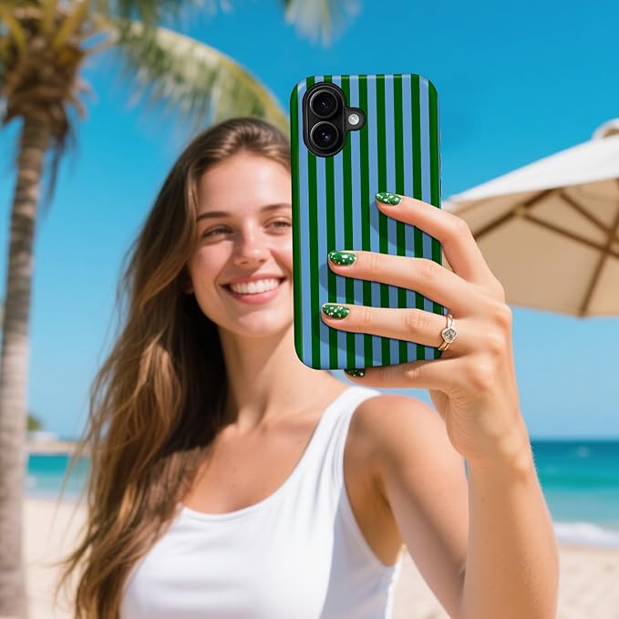 Magnetic for iPhone 17 Case Cute Stripes Phone Case, Shockproof Slim TPU and Hard PC Protective Phone Cover Compatible with MagSafe Designed for Women Girls, Green and Blue
