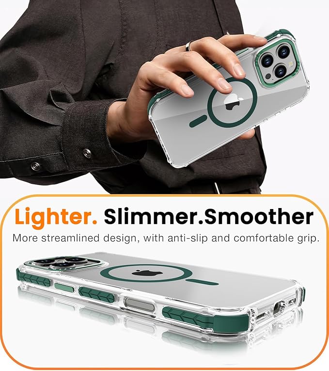 DEERLAMN Strong Magnetic Case for iPhone 16 Pro Max 6.9-Inch,[Compatible with Magsafe][Military Grade Drop Protection] Clear Slim Shockproof Protective Phone Cover-Transparent+Green