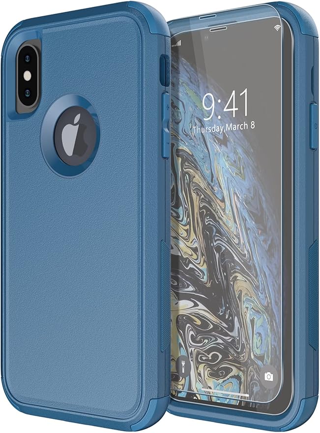Diverbox for iPhone X Case/iPhone Xs Case [Shockproof] [Dropproof] [Tempered Glass Screen Protector ] Heavy Duty Protection Phone Case Cover for Apple iPhone X/XS (Blue)