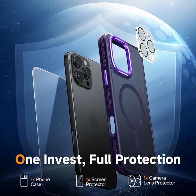Magnetic 3 in 1 for iPhone 16 Pro Max Case, [Omni-Directional Protection] with 1x Screen Protector + 1x Camera Cover, [Seamless Work with Magsafe] Protective Silm Case for iPhone 16 Pro Max Purple