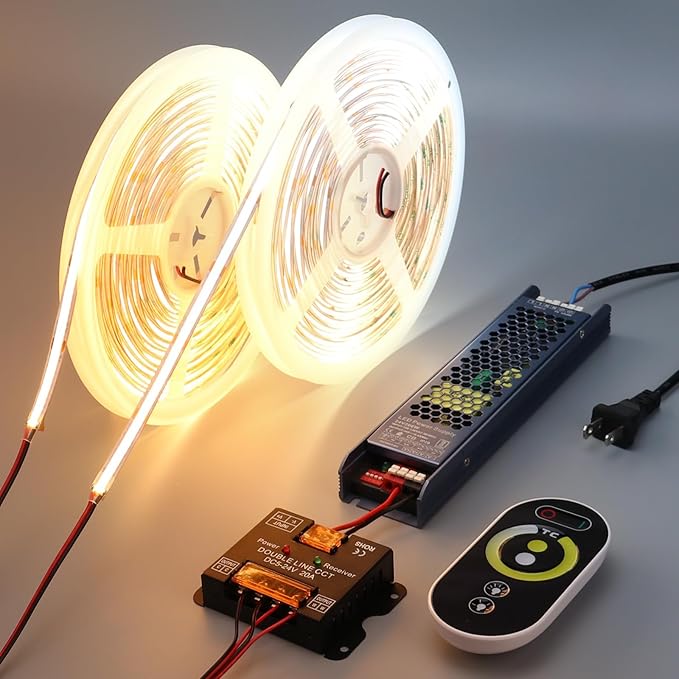 BENLUN 24V CCT COB LED Strip Lights Kit 65.6ft (2 Rolls of 32.8ft), 2700K-6500K Dimmable White Cuttable LED Tape Light CRI 93 with Remote Controller and Power Supply for Bedroom Indoor Decoration