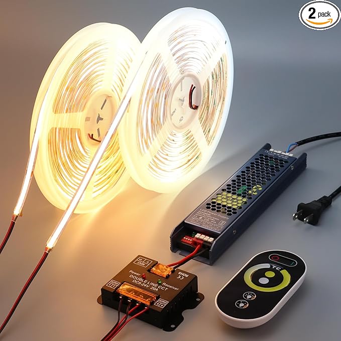 BENLUN 24V CCT COB LED Strip Lights Kit 65.6ft (2 Rolls of 32.8ft), 2700K-6500K Dimmable White Cuttable LED Tape Light CRI 93 with Remote Controller and Power Supply for Bedroom Indoor Decoration