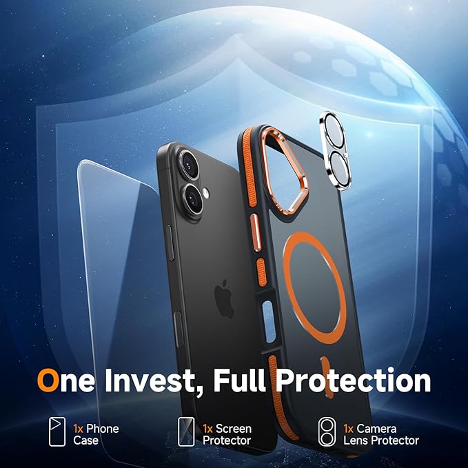 Magnetic 3 in 1 for iPhone 17 Case, [Omni-Directional Protection] with 1x Screen Protector + 1x Camera Cover, [Seamless Work with Magsafe] Translucent Protective Silm Phone Case for iPhone 17 Orange