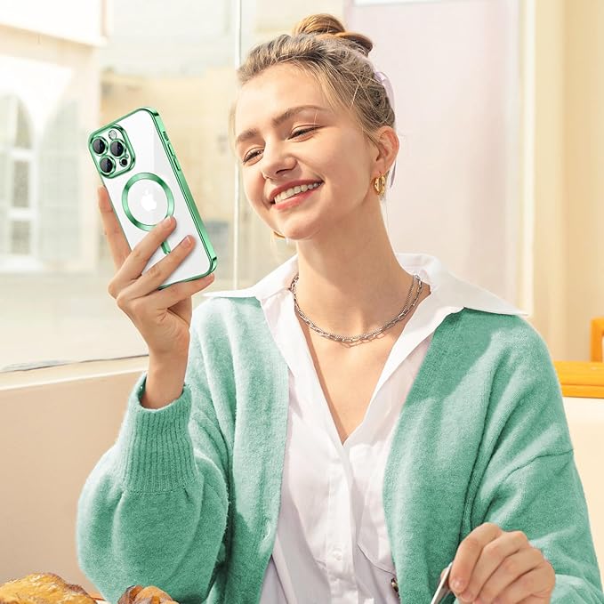 Hython Magnetic Clear for iPhone 14 Pro Case with Camera Lens Protector [Compatible with MagSafe] Luxury Plating Edge Slim Soft TPU Cover Protective Phone Case for iPhone 14 Pro 6.1", Light Green