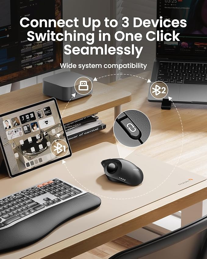 ProtoArc Wireless Bluetooth Trackball Mouse, EM02 Two Adjustable Angle Ergonomic Rechargeable Computer Ball Mouse, 3 Device Connection, Thumb Control and Smooth Tracking for Laptop, PC, Mac-Gray