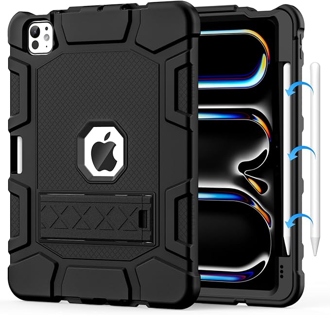 Case for iPad Pro 11 Inch Case (M5 2025/ M4 2024) with Pencil Holder, Built-in Stand, Military Grade Shockproof Protective Cover for iPad Pro 11", Black