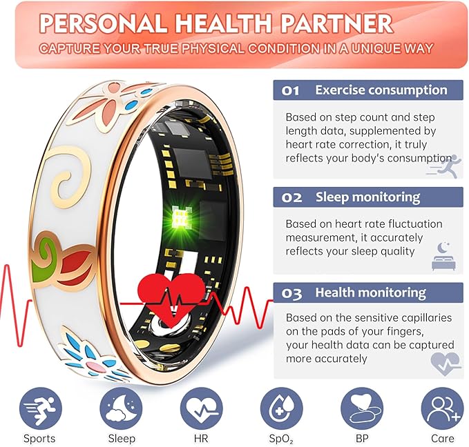 Smart Ring Health Tracker for Women Men, Sleep Tracker with Heart Rate,SpO₂,Blood Pressure, Fitness Ring for Activity Monitoring, No Subscription, Step Tracker Ring for ios&Android (Enamel color, #6)