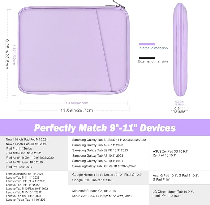 MoKo 9-11 Inch Tablet Sleeve Case, Fits New 11inch iPad Air M4/Pro M5, iPad A16 11", i-Pad 10/9/8/7th/Air 5/4th 10.9"/10.2", Tab S9/S8 11", Protective Bag Carrying Case with Pocket, Lilac