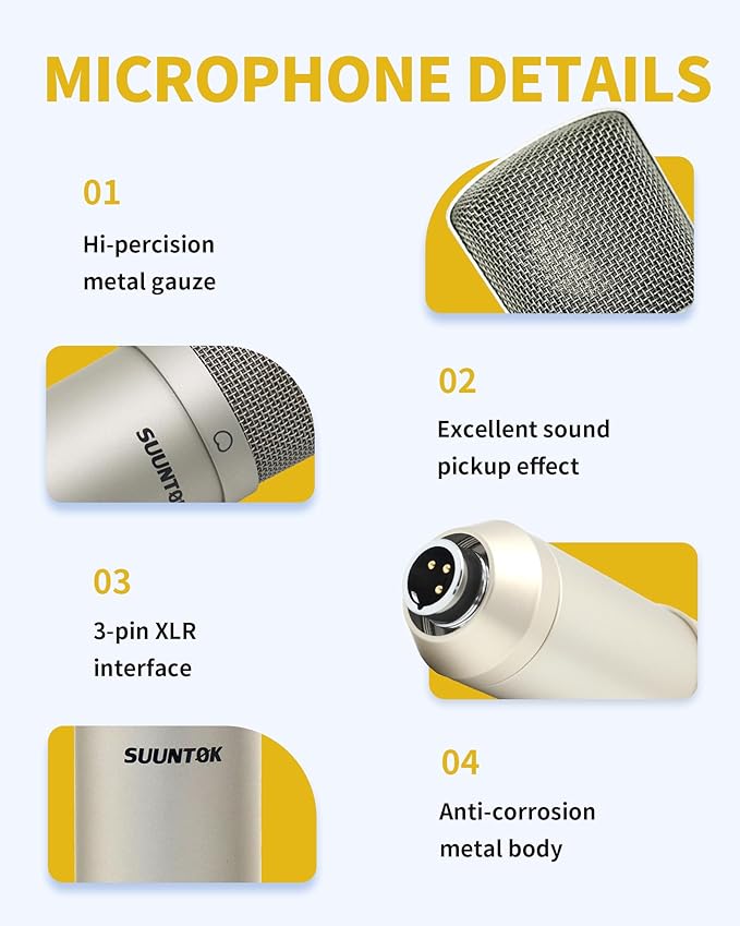 SUUNTOK XLR Condenser Microphone Recording Microphone for PC Computer Home Studio Cardioid Podcast Mic Kit for Streaming, ASMR, YouTube, Voice-Over, Gaming, Vocal (Silver)