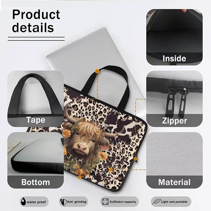 12 Inch Laptop Sleeve, Laptop Cover Computer Bag Tablet Carrying Case with Handle, Brown Cow Zipper Tote Bags Notebook Sleeves Handbag Messenger BriefcaseGifts for Women