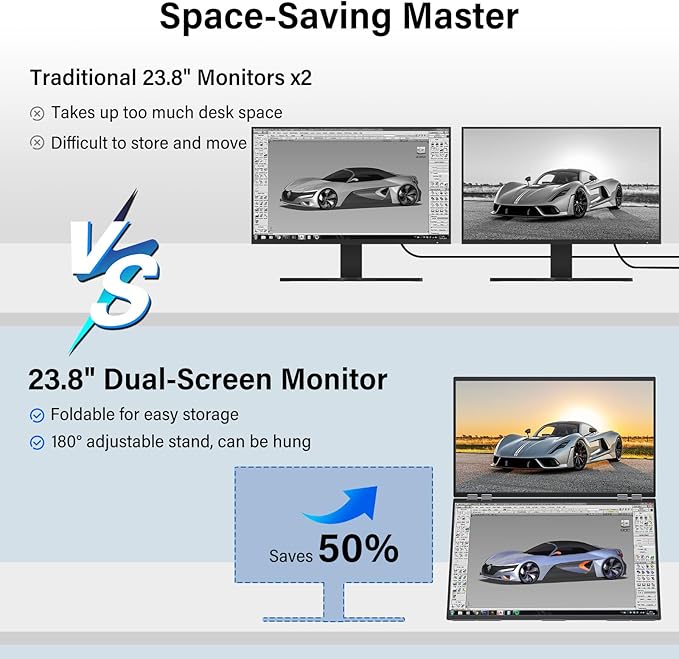 InnoView 23.8" FHD Dual Portable Monitor 1920x1080P 100% sRGB - Foldable & Stackable Design with 315° Screen Adjustment & 180° Stand | USB-C/HDMI, Dual Monitor for Laptop, Mac, Windows