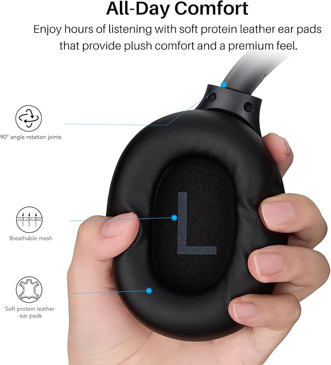 TOZO HT3 Hybrid Noise Cancelling Headphones, 90H Battery Life Wireless Over Ear Bluetooth 6.0 Foldable Headset, AI Voice Assistant with 5 Mics, Connect 2 Devices & Hi-Res Sound, 32 Audio EQ, with Case