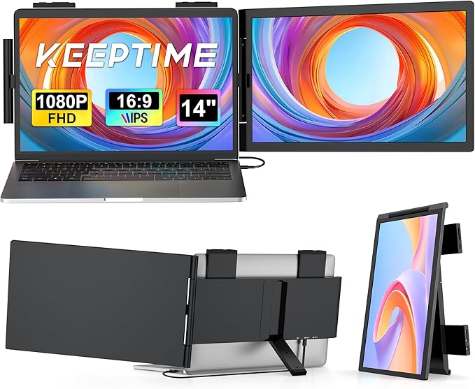 KEEPTIME Laptop Screen Extender, 14" 1080P IPS Laptop Monitor Extender for 14"-16" Laptops, with USB-C/HDMI Port, Plug and Play Portable Monitor for Windows/Mac/Android/Switch/PS5