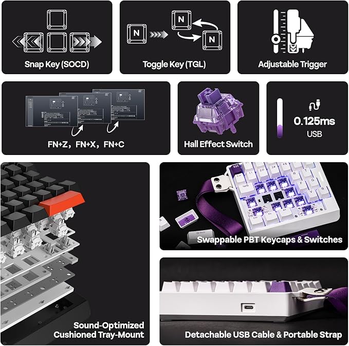 EPOMAKER HE30 One-Handed Hall Effect Keyboard, 8K Polling & 0.125ms, SOCD & Snap Key, Adjustable Trigger, PBT Keycap, RGB, Custom Software, Wired Gaming Keyboard for PC/Gamer (White Purple)