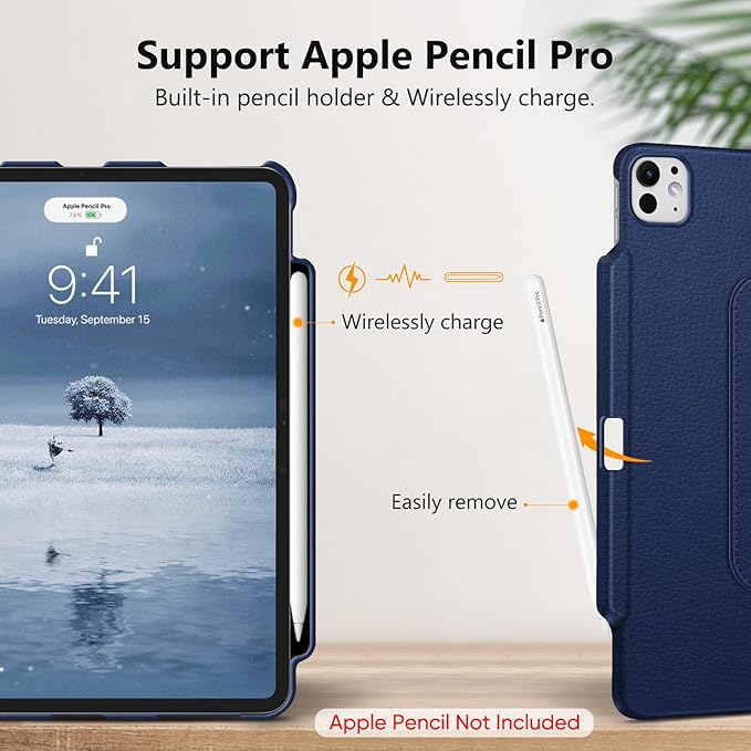 Fintie Rotating Case for iPad Pro 13-inch (M5) 2025 / (M4) 2024 with Pencil Holder - 360 Degree Swiveling Protective Stand Cover with Auto Wake/Sleep, Navy
