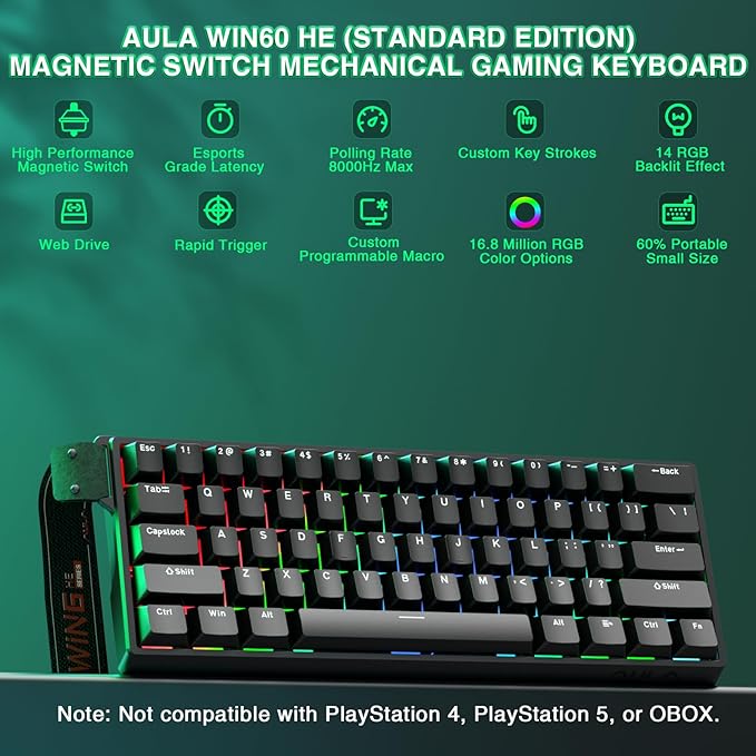 Aula WIN60 HE - 60% Mechanical Gaming Keyboard Wired, Magnetic Switch Hot Swappable, Adjustable Actuation Rapid Trigger Mode, 8000 Hz Polling Rate, RGB Small Keyboard 60 Percent Compact Design for PC