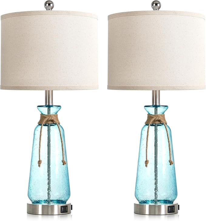 Rinweey 26" Coastal Lamps for Living Room Set of 2,3-Way Dimmable Bedside Lamps with USB Ports and AC Outlet, Nautical Lamps for Nightstand Bedroom Living Room,Teal