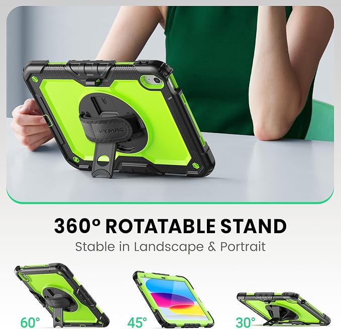 SEYMAC Case for iPad (A16) 11th/10th Generation 2025/2022 (11″/10.9″), Sturdy Heavy Duty Full-Body Shockproof Protective Case with Screen Protector, Rotating Stand, Hand/Shoulder Strap, Black/Green