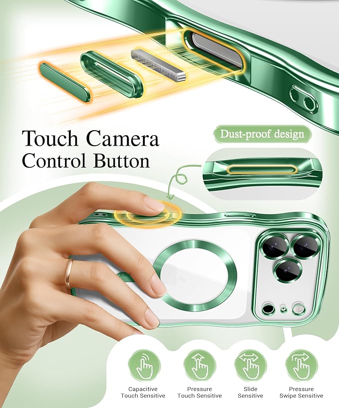 GVIEWIN for iPhone 17 Pro Case Compatible with MagSafe, Upgraded [Full Camera Protection][Cute Wave Frame][Military Grade Protection] Electroplated Hard Phone Cover for Women Girl, Clear/Green