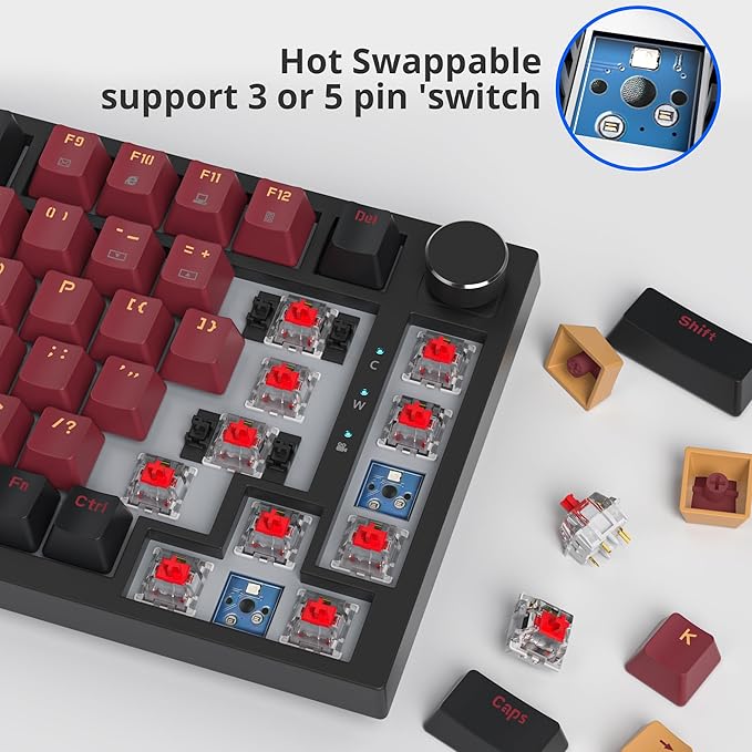 Fogruaden Wired 75% Percent Hot Swappable Mechanical Keyboard, Red Switch, TKL Mechanical Keyboard, Gasket Mount, RGB Backlit Compact Gaming Keyboard with Volume Knob(RedSamurai)