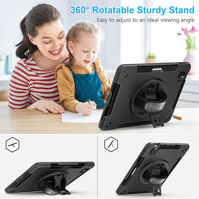 Case for iPad Pro 11 Inch 2022/2021/ 2020/2018: Cover for iPad 11 Inch 4th/ 3rd/ 2nd/ 1st Generation with Screen Protector- Stand- Handle- Shoulder Strap- Pencil Holder Black