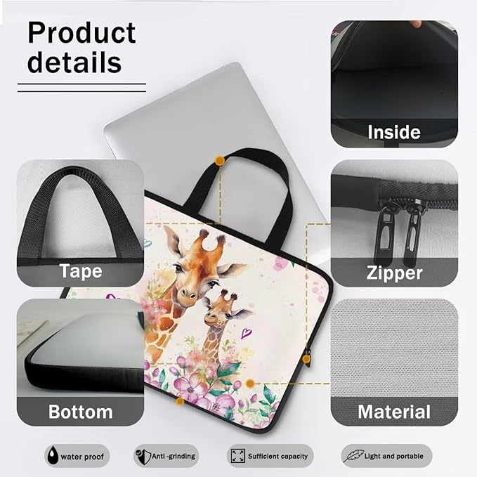 12 Inch Giraffe Flowers Laptop Sleeve, Laptop Cover Computer Bag Tablet Carrying Case with Handle, Zipper Tote Bags Notebook Sleeves Handbag Messenger Briefcase for Men Women