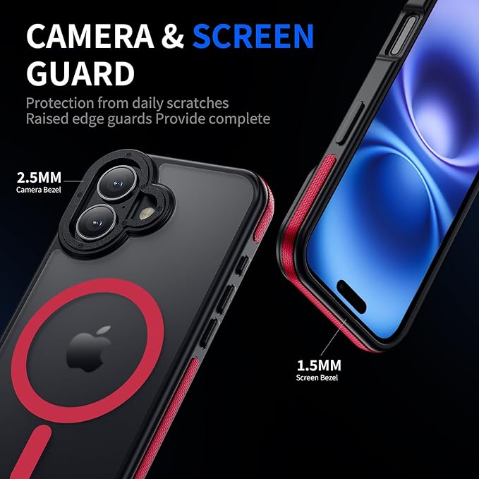Strong Magnetic Case for iPhone 16 [5X Military-Grade Protection] Compatible with fit MagSafe Shockproof Slim Thin Cover 6.1 inch 16 Phone case, Red Bumper