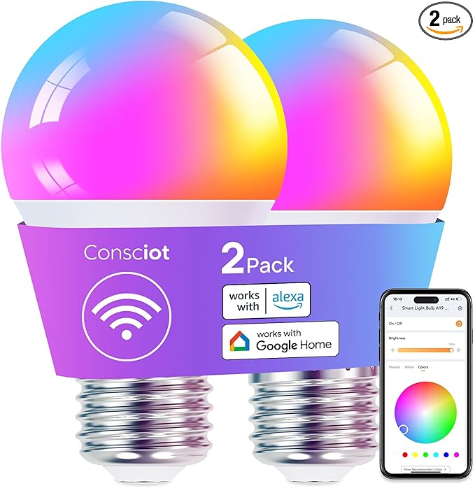 Consciot Smart Light Bulbs, A19 Color Changing Smart Bulbs, 800 Lumens 60W Equivalent, Works with Apple Home, Alexa, Google Home & SmartThings, Dimmable LED, 2-Pack