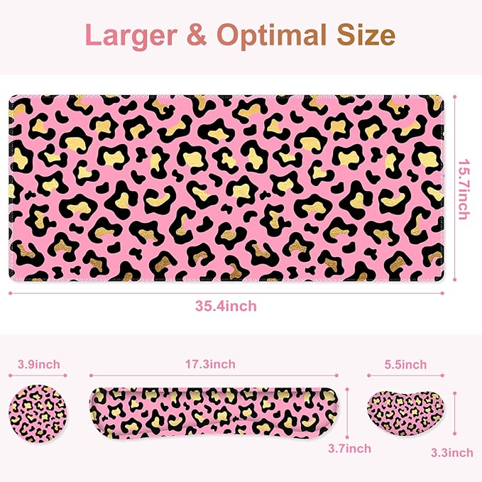 Large Gaming Mouse Pad Set, 4 in 1 Extended Keyboard Desk Mat with Wrist Rest, PC Computer Game Mousepad Set, Non-Slip Desk Pad Easy Typing Pain Relief for Home Office I Pink Leopard Print