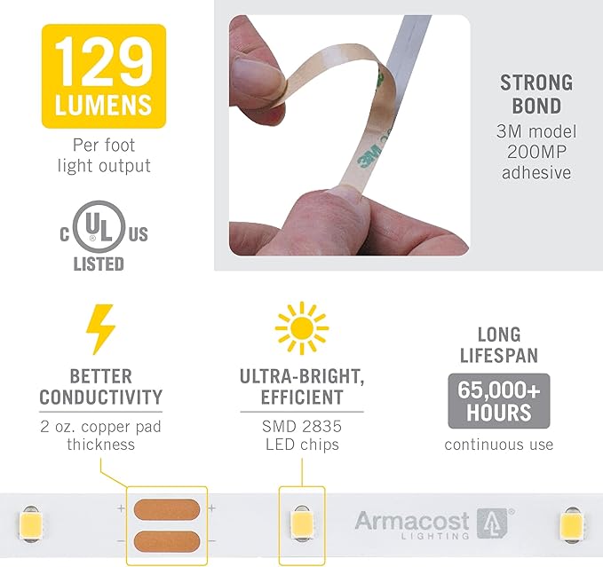 Armacost Lighting RibbonFlex Pro 12V White LED Strip Lights 30 LED/m, 3000K, 8.2 ft 141210