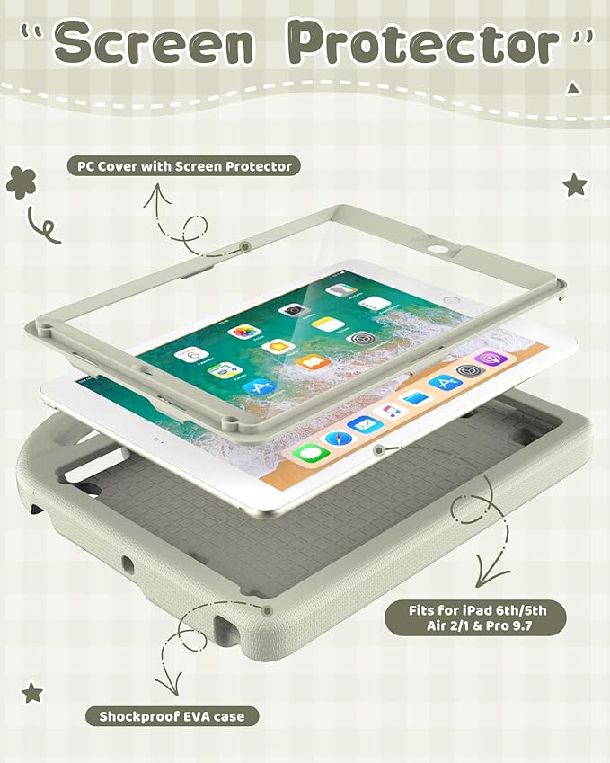 Kids Case for iPad 5th/6th Generation (9.7-inch, 2017/2018), iPad Air 2/Pro 9.7 Case with Screen Protector, Durable Shockproof Lightweight Cover with Handle/Stand for Kids, Light Gray