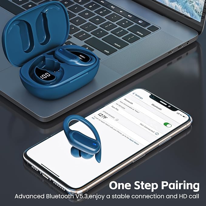 TRAUSI Bluetooth Headphones, True Wireless Earbuds with IPX7 Water Resistant, Noise Cancelling Mic, Type-C Fast Charging Earphones with Ergonomic Ear Hooks for Sports, Running (Deep Blue)