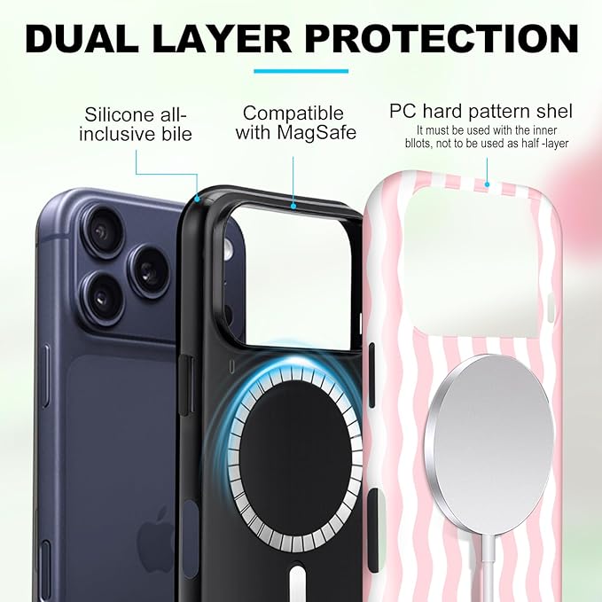 Magnetic for iPhone 17 Pro Max Case Cute Wavy Stripes Phone Case, Shockproof Slim TPU and Hard PC Protective Phone Cover Compatible with MagSafe Designed for Women Girls, Pink