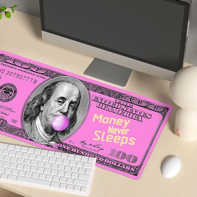 Pink 100 Dollar Bills Money Gaming Mouse Pad Hundreds of US Dollar Currency Non-Slip Rubber Mouse Pad for Computers, Laptop,Office, Home Rectangle Personalized Mousepad 31.5" x15.7"