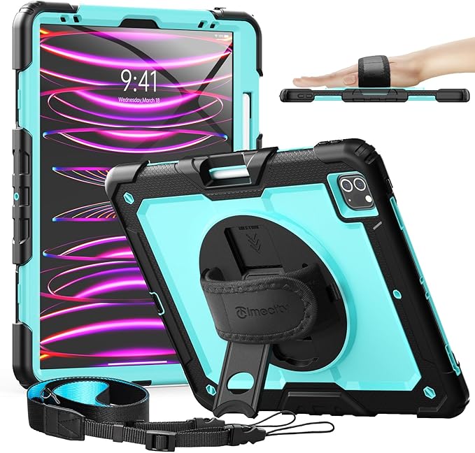 Timecity for iPad Pro 12.9 Case 6th/5th/4th/3rd Gen, 360° Rotating Stand, Pencil Holder & Wireless Charging, Shockproof with Screen Protector & Shoulder Strap -for Designers & Professionals-Light Blue