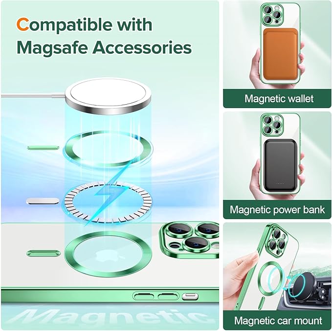 Hython Magnetic Clear for iPhone 14 Pro Case with Camera Lens Protector [Compatible with MagSafe] Luxury Plating Edge Slim Soft TPU Cover Protective Phone Case for iPhone 14 Pro 6.1", Light Green