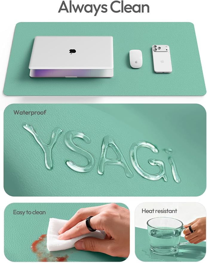 YSAGi Leather Desk Protector, Office Mat, Large Mouse Mat, Non-Slip PU Leather Blotter, Laptop Desk Pad, Waterproof Writing Pad for Office and Home (Green-Blue, 47" x 17")