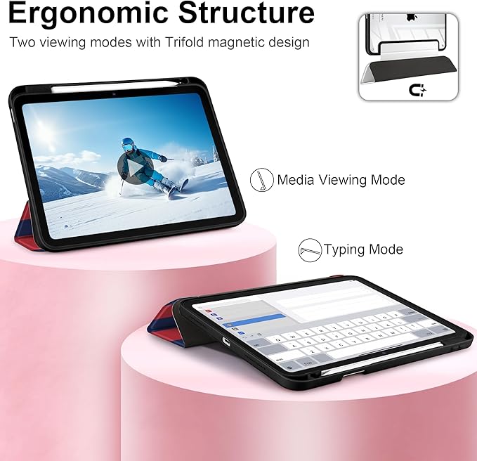 Case for iPad Air 11 inch M4 2026 M3 2025 M2 2024 Release with Pencil Holder Clear Back Shell Lightweight Shockproof TPU Edge Trifold Stand Auto Wake Sleep Cute Cover, Red Navy Stripes