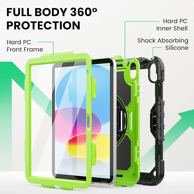 SEYMAC Case for iPad (A16) 11th/10th Generation 2025/2022 (11″/10.9″), Sturdy Heavy Duty Full-Body Shockproof Protective Case with Screen Protector, Rotating Stand, Hand/Shoulder Strap, Black/Green
