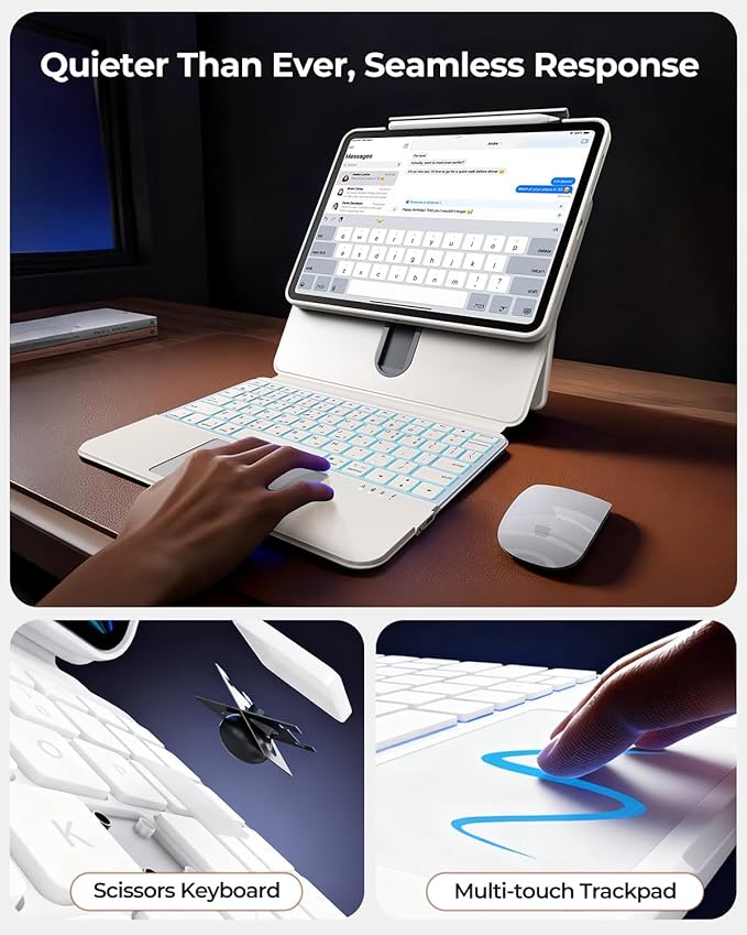 Keyboard Case for iPad Air 13" (M3/M2 2025/2024) & iPad Pro 12.9" (6/5/4/3 Gen) 2018 2020 2021 2022, Clear Magnetic Rotatable & Liftable, 7-Color Backlit, Native Gesture Trackpad w/Stand,White