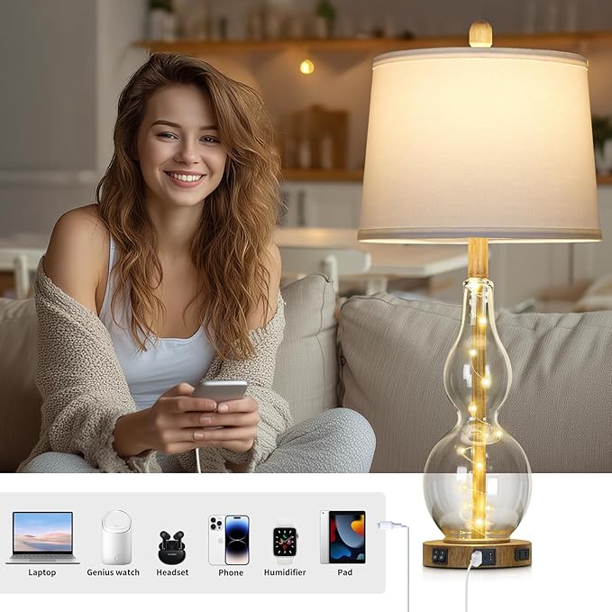 Rinweey 27.5" Clear Glass Table Lamp Set of 2 with Night Light,Bedside Lamps with USB Ports and AC Outlet, Modern Nightstand Lamps Retro Farmhouse lamp for Bedroom Living Room