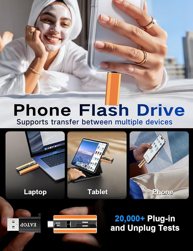 EATOP 512GB Dual Interface Flash Drive, No App Required, Portable USB Storage Memory Stick for iPhone, iPad, Android, PC & Mac – Easily Stores Photos, Videos & Files (Orange)
